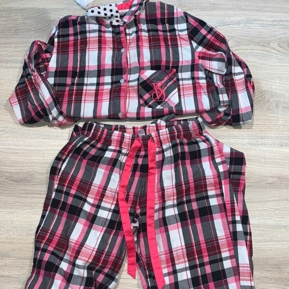 Victoria’s Secret pink flannel pajama checkered set top and bottom